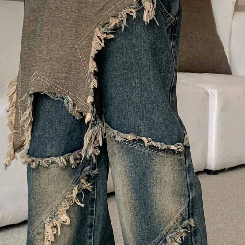 Meisjes Jeans 2024 Herfst Nieuwe Wide Leg Ster Franjes Trendy Mode Veelzijdige Persoonlijkheid