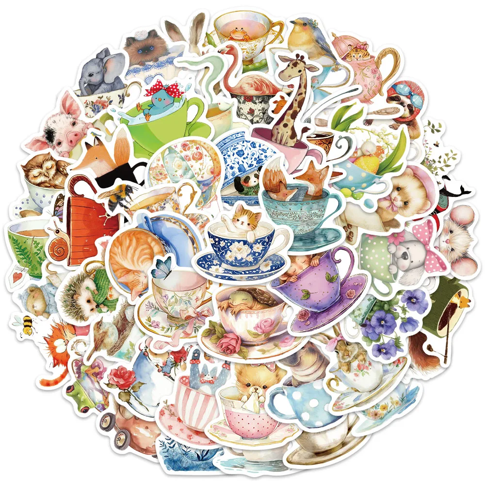 

50pcs Cute Cartoon Aesthetic Teacup Animals Stickers Kis Water Bottle Decals Luggage Guitar Phone Laptop Vinyl Sticker