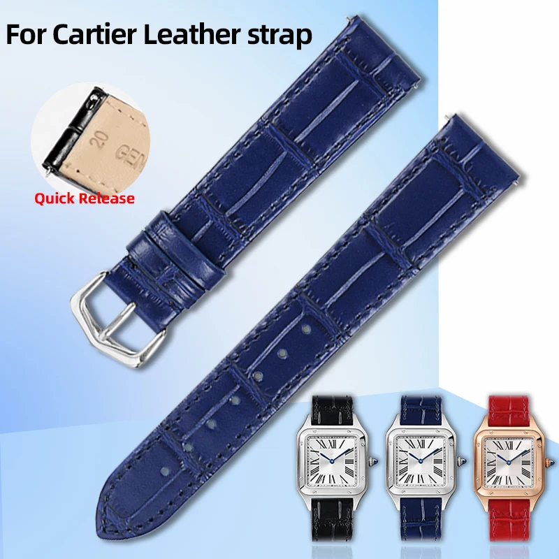 Genuine Leather Watch Band For Cartier Santos Dumont Tank London Strap 15mm 17mm 18mm 20mm Blue Quick Release Cowhide Bracelet