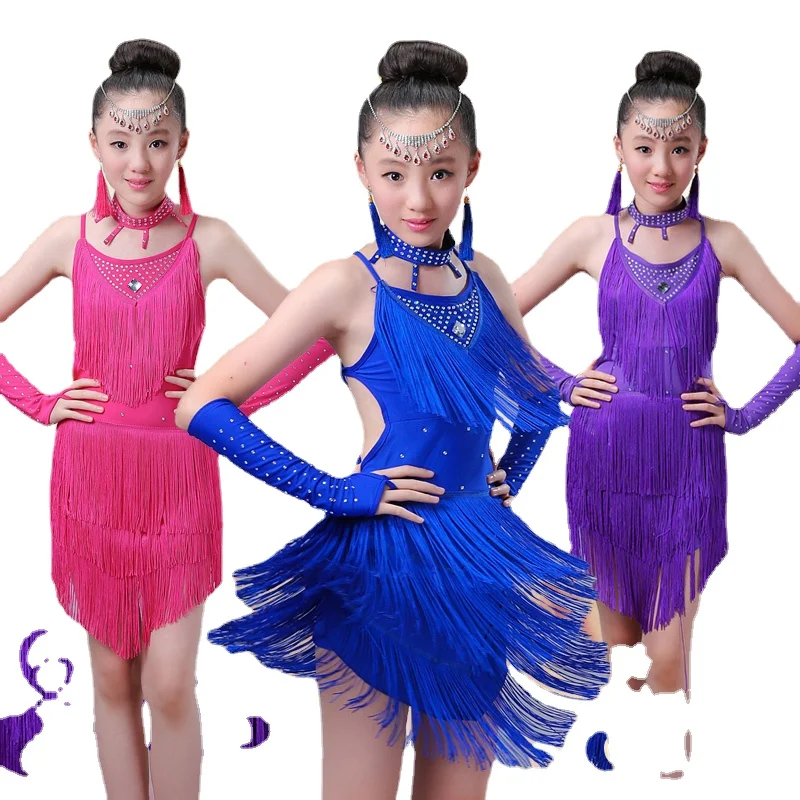 Salsa Dresses Sequin Latin Dance Dress For Girls Fringe Dancing Dancewear Stage Samba Junior Ballroom Standart Costumes For Kids