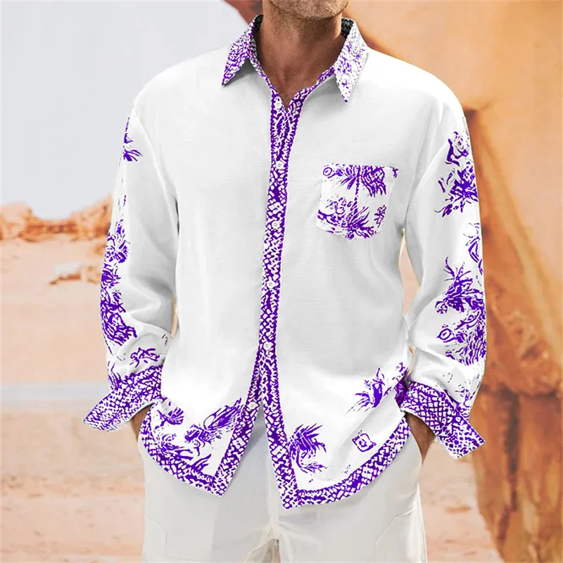 Camisa de manga larga con estampado 3D para hombre, camisa holgada y cómoda de lujo, ligera, de talla grande, clásica, a la moda, 2024