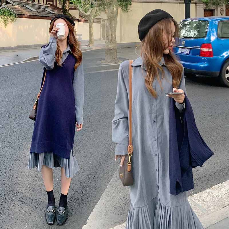 Autumn Fashionable Maternity Pleated Dress Long Sleeve Turn-down Collar Button Fly Fishtail Dress Preppy Style Pregnancy Dress