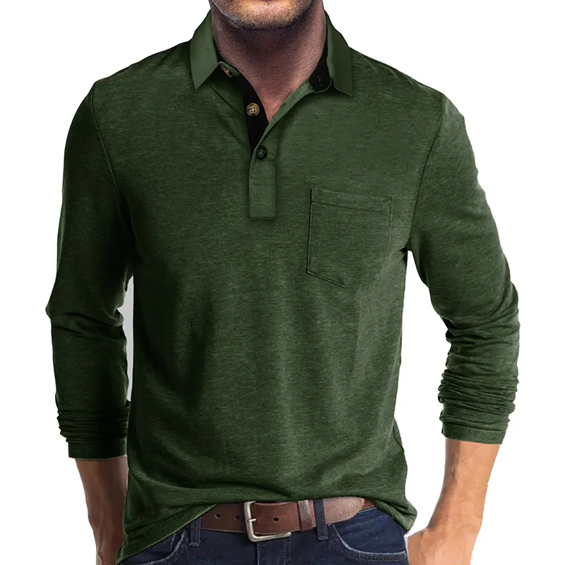 Frühling Trend männer Langarm Casual T-shirt Solide Revers Button Up Pullover Tops Herbst Drehen Unten Kragen Bodenbildung Polo-Shirt – Detail 39