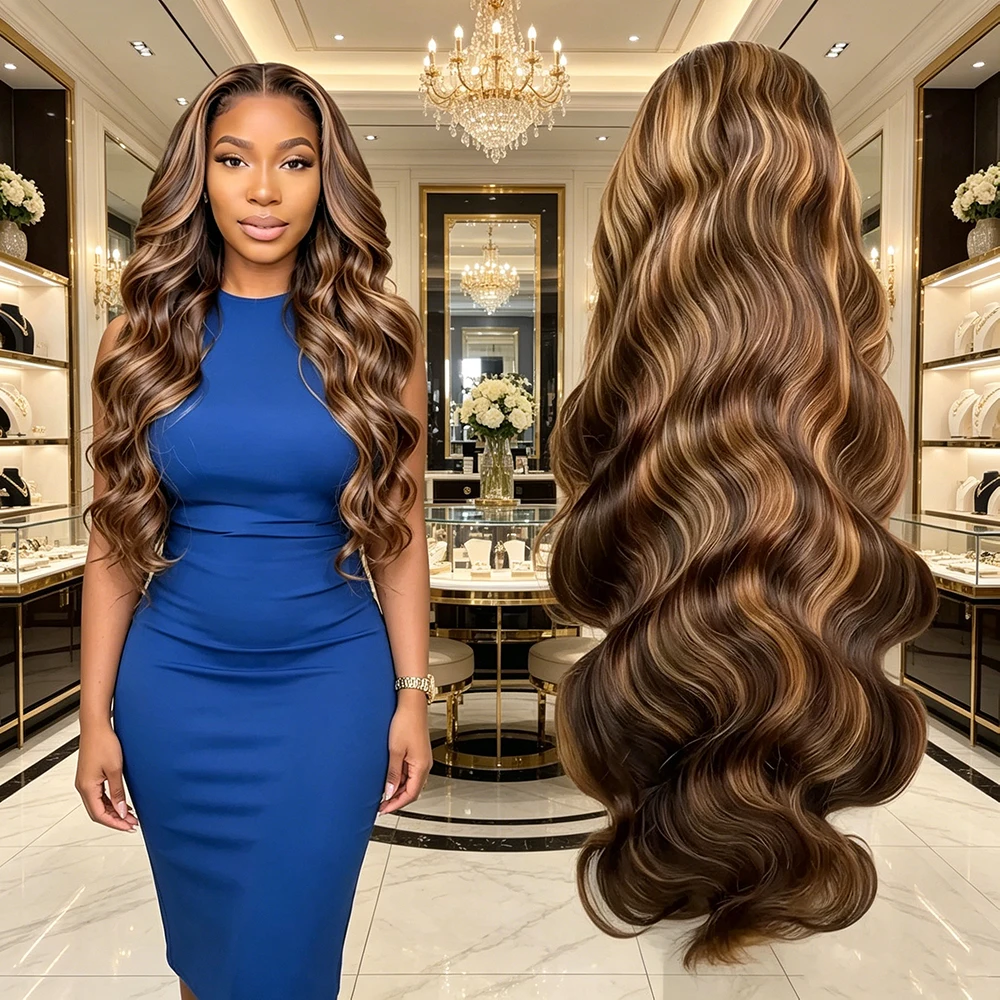 

P4/27 Honey Blonde Highlight 13x4 HD Lace Front Wig Glueless Pre Plucked Baby Hair Long Body Wave 180% Density High Temp For Bla