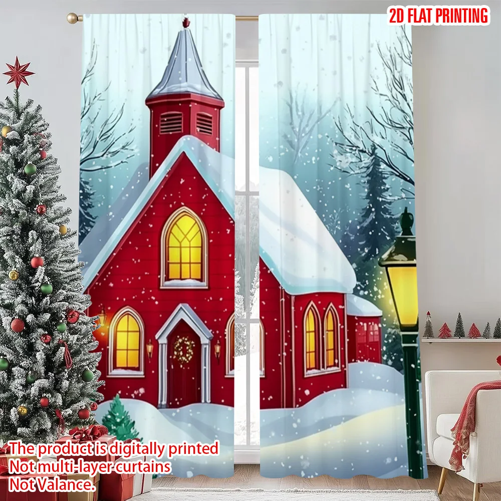 

2pcs 2D flat printing Merry Christmas Curtains Festive Red Church with Snow Scenery Versatile Polyester Without Electricity
