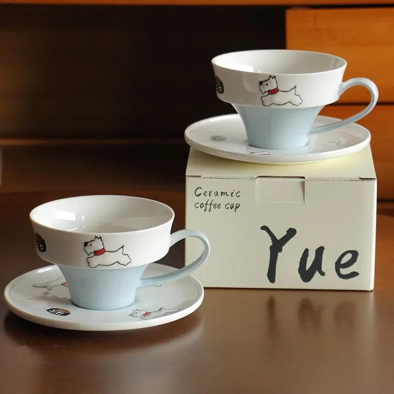 Hand painted West Highland cute dog cat cup and saucer set hand painted underglaze latte cup coffee afternoon tea daily gift