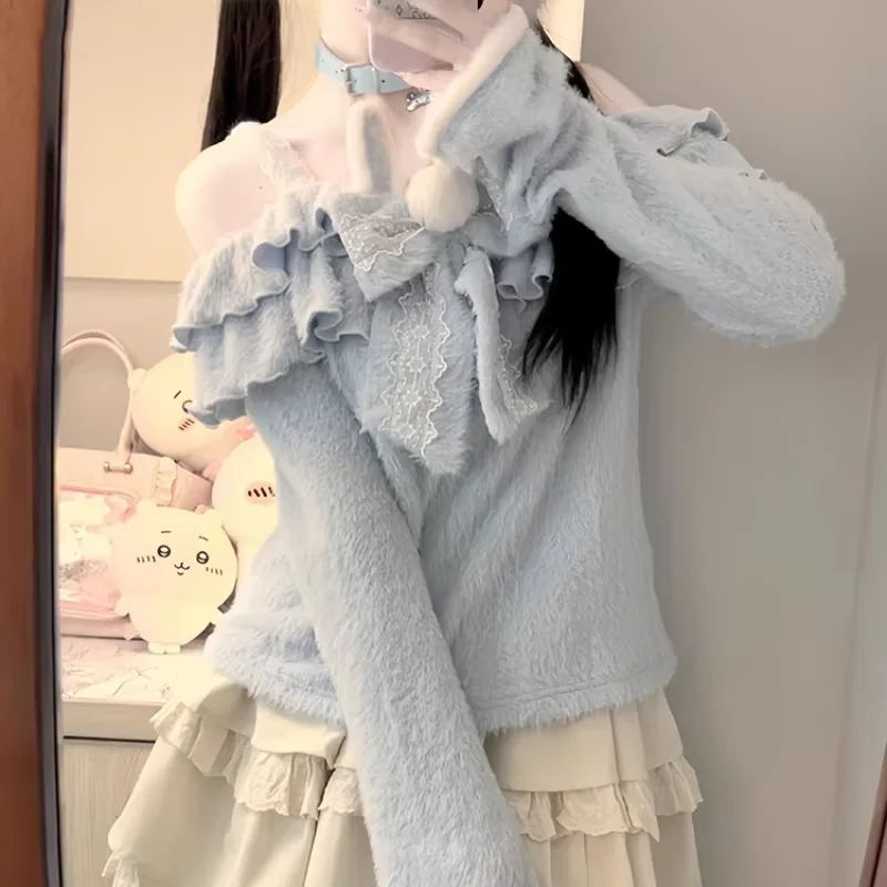 Japanese Kawaii Lolita Style Knitted Pullovers Women Cute Rabbit Ears Bow Off Shoulder Sweater Female Sweet Blue Knitwear Tops