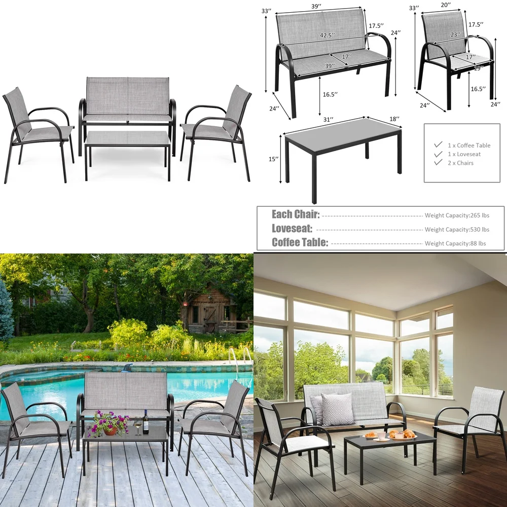 

Garden Chair4PCS Patio Furniture Set Outdoor Sofa with Coffee Table Steel Frame Garden Deck Seating Gray Modern Lounge Set for
