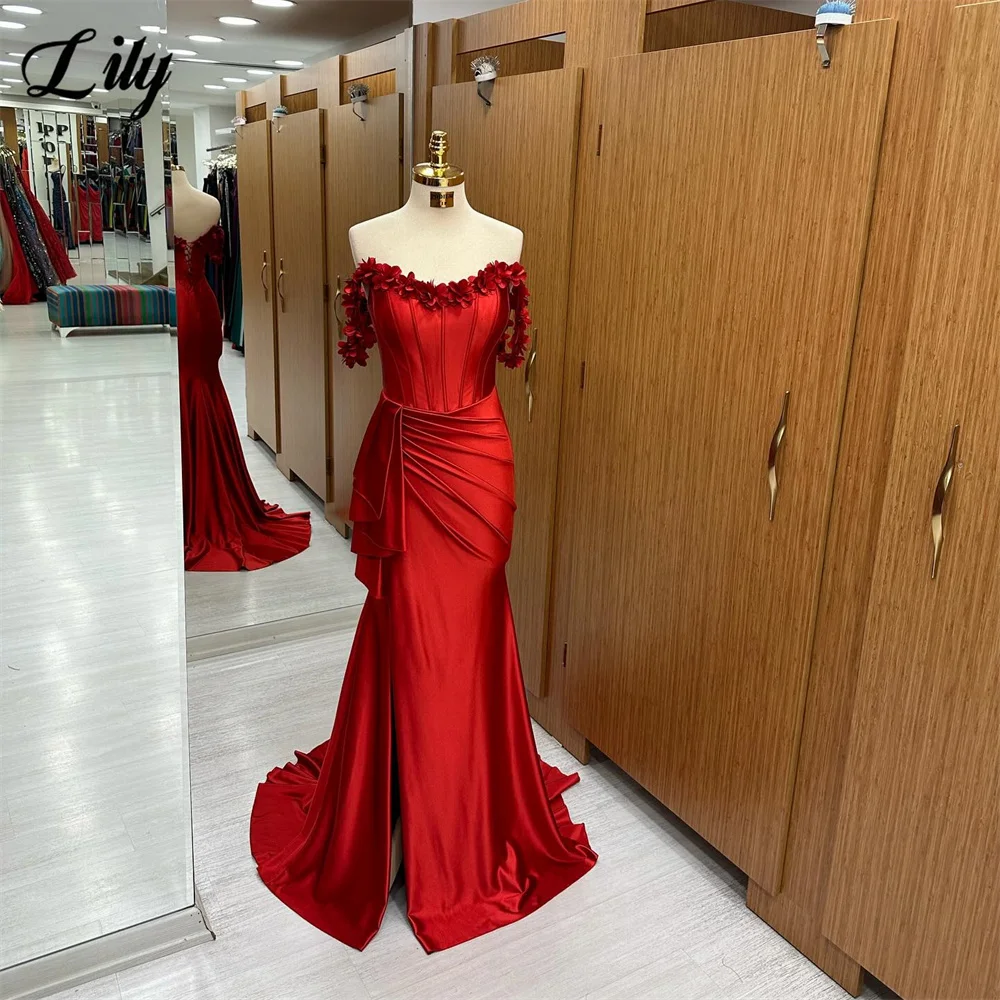 Lily Red Prom Dress Off The Shoulder 3D Flowers Evening Dress With Pleat Mermaid Satin Party Dress Side Split Robe De Soirée