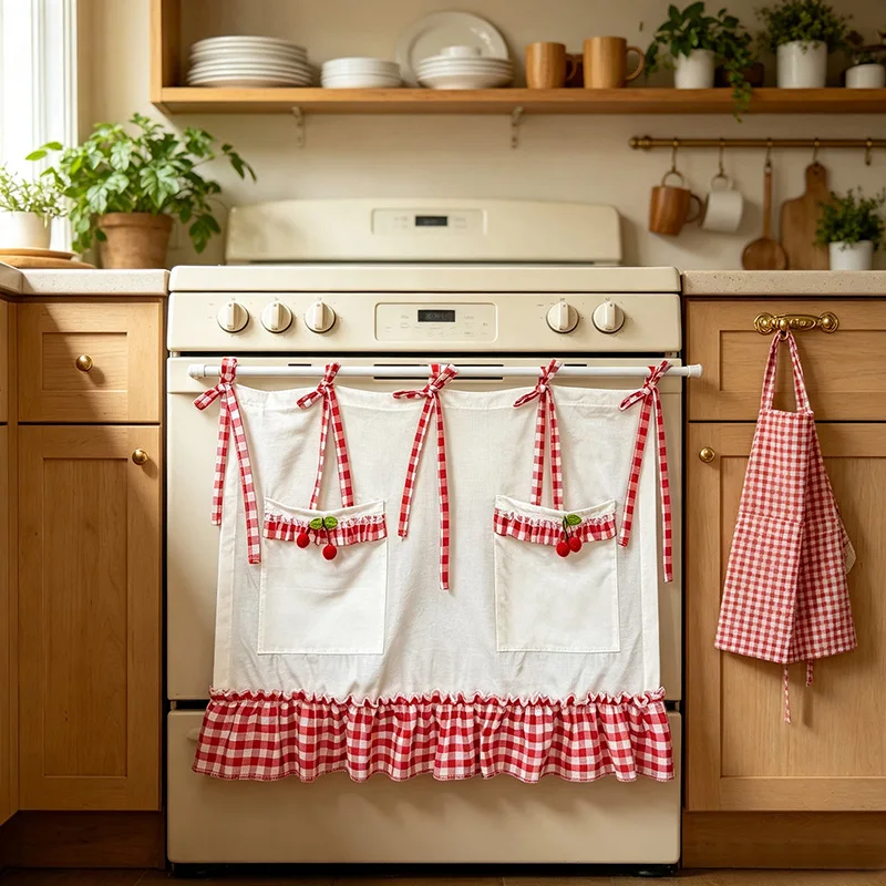 French Romantic Cherry Decor Pocket with Storage Design Small Curtain Red Plaid Tie Top Ruffled Curtain For Kitchen Cabinet
