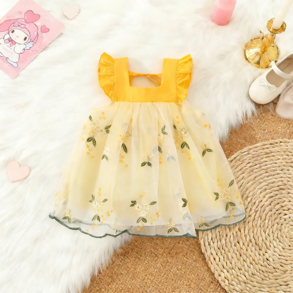 

Платье для маленьких девочек, летнее сетчатое платье с цветочным принтом для девочек с короткими рукавами, очаровательное детское платье принцессы, одежда для маленьких девочек