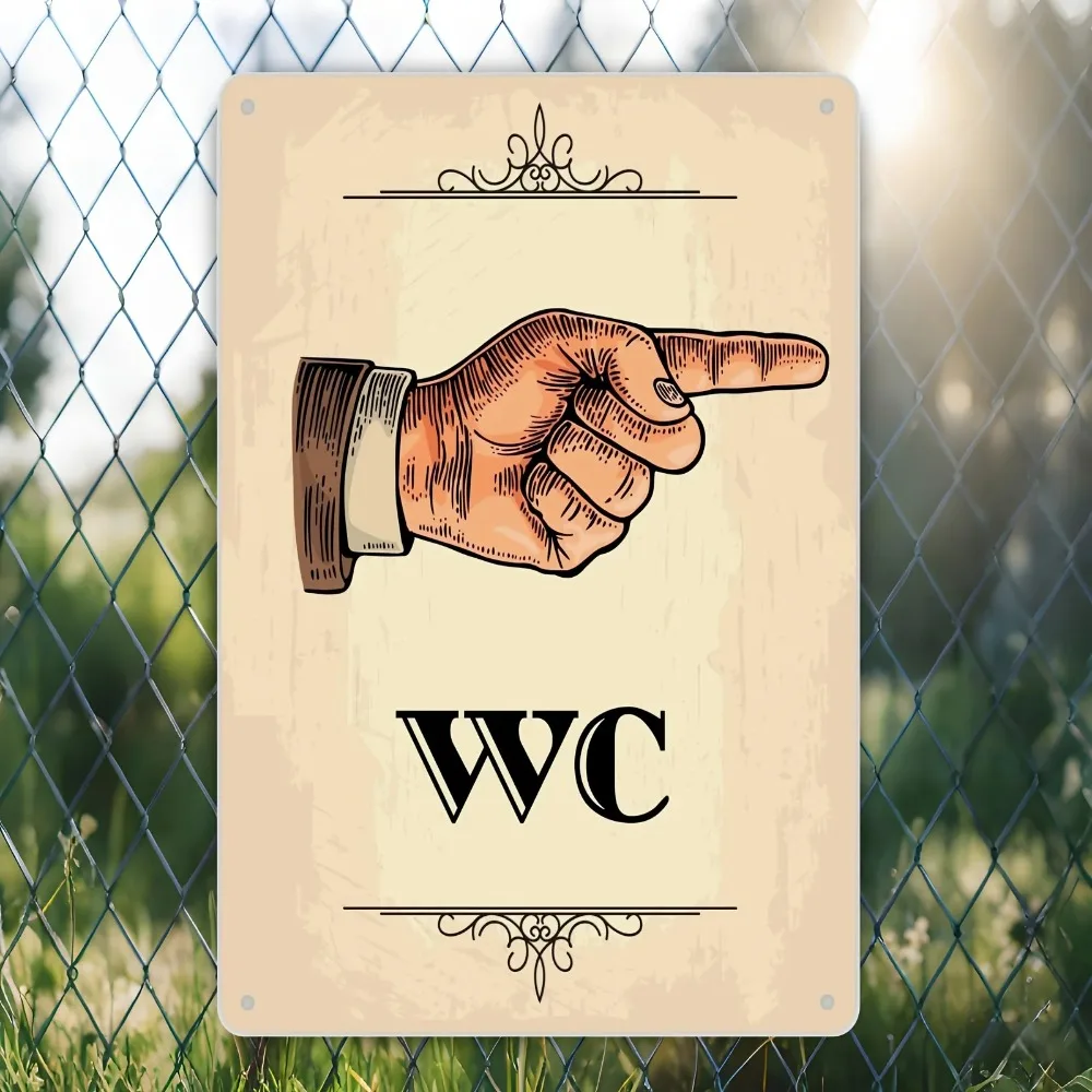 (2D-Blechschild) Vintage-Toiletten-Wegweiser-Blechschild, 2D-Flachbild, Beige, 20x30 cm, Hand zeigend nach rechts, Außendekoration, ungerahmt