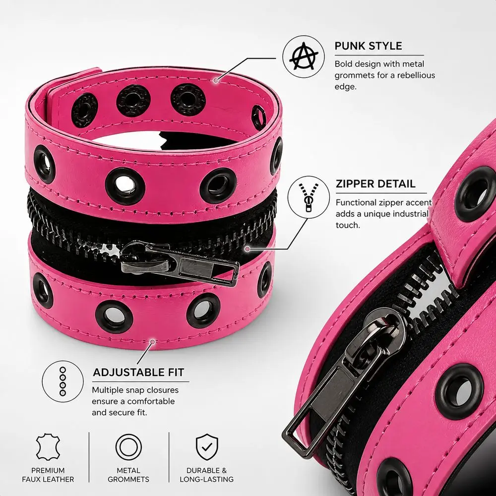 New Leather Leather Wristband Rivet Accent Zipper Detail Punk Arm Cuff Snap Closure Punk Style Zipper Bracelet