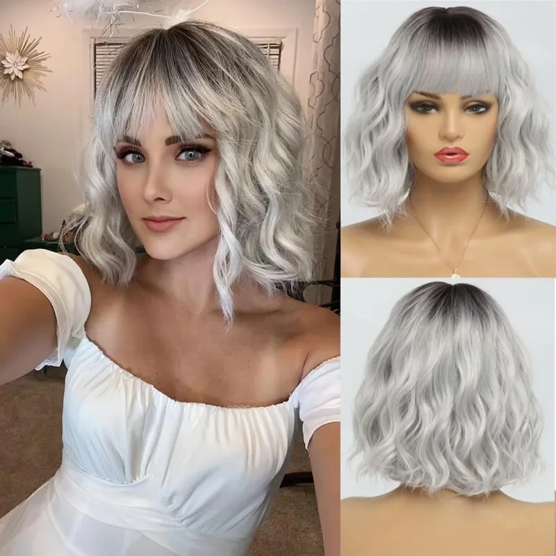 

Pastel Synthetic Short Wig With Bangs Shoulder Length Wavy Costume Natural Colorful Premium Cosplay For Girls Women