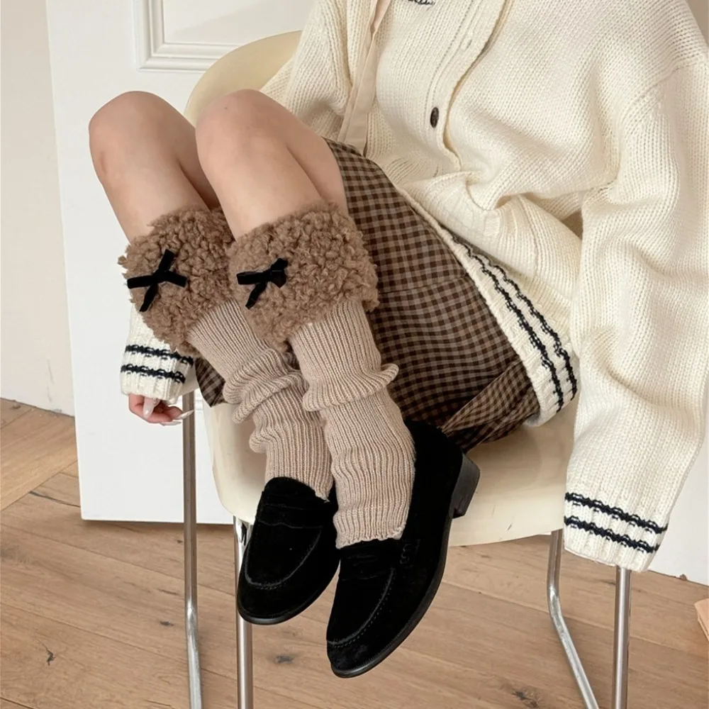 

New Footless Leg Warmer Sleeve Thick Bowknot Long Boot Socks Keep Warm Knitted Leg Covers Autumn