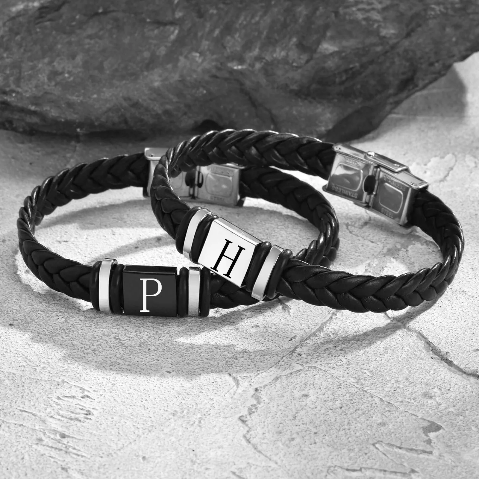 Initials Leather Bracelet for Men Boys,Stainless Steel A-Z 26 Letter Charm Woven Wristband,Casual Jewelry Gift to Father Husband