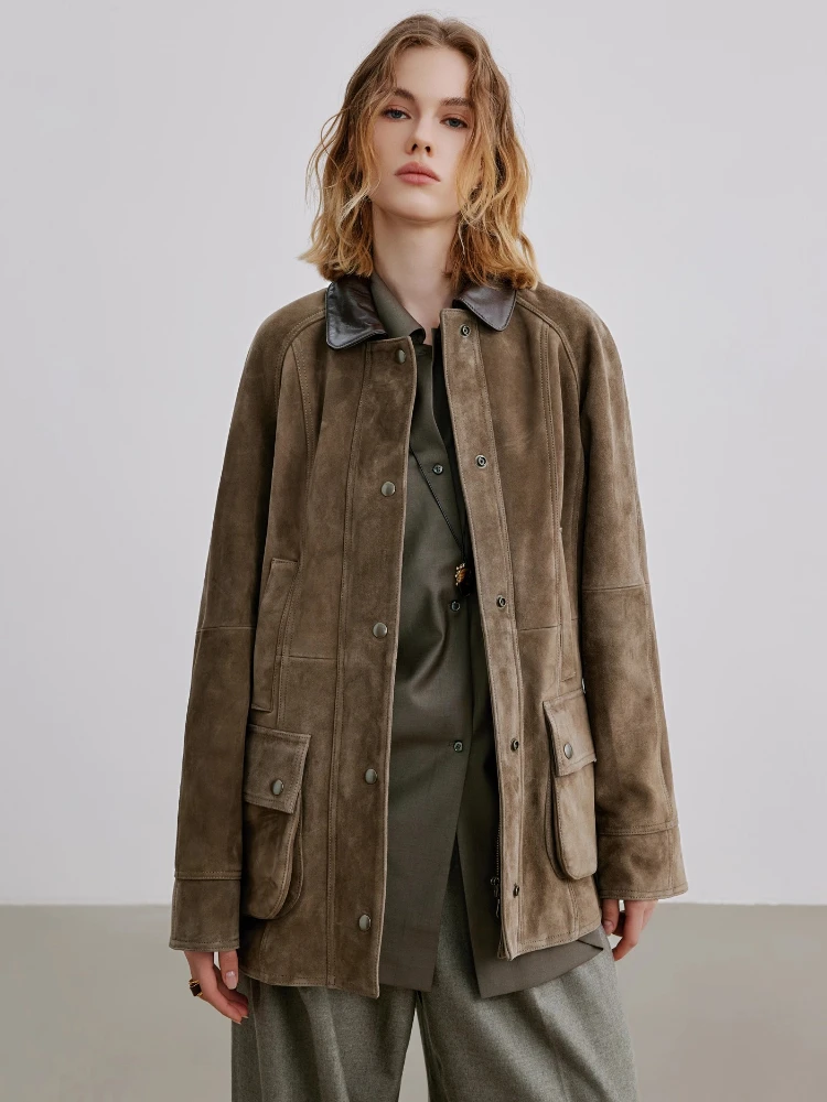 Giacche cargo vintage classiche in vera pelle per donna Autunno Inverno 2025 Nuovo cappotto in vera pelle scamosciata di montone sottile semplice di fascia alta