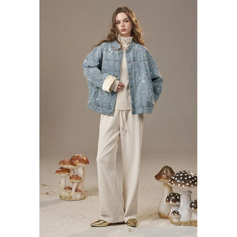 ELFSACK 2025 Winter New Arrivals Casual New Chinese Style Loose Fit Glitter Denim Jacket For Woman - Image 3