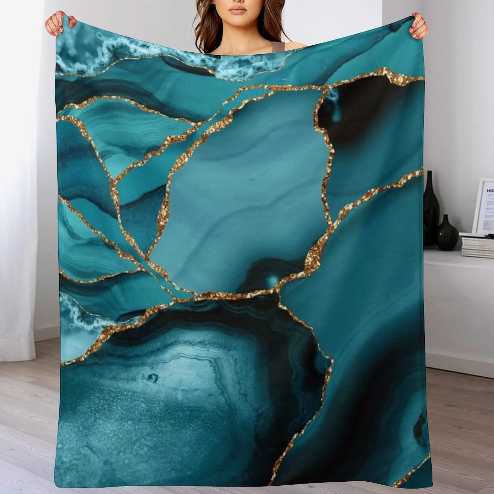 

Teal And Gold Faux Marble Landscape Waves Throw Blanket Warm Comfortable Blanket Gift for Parents Friends