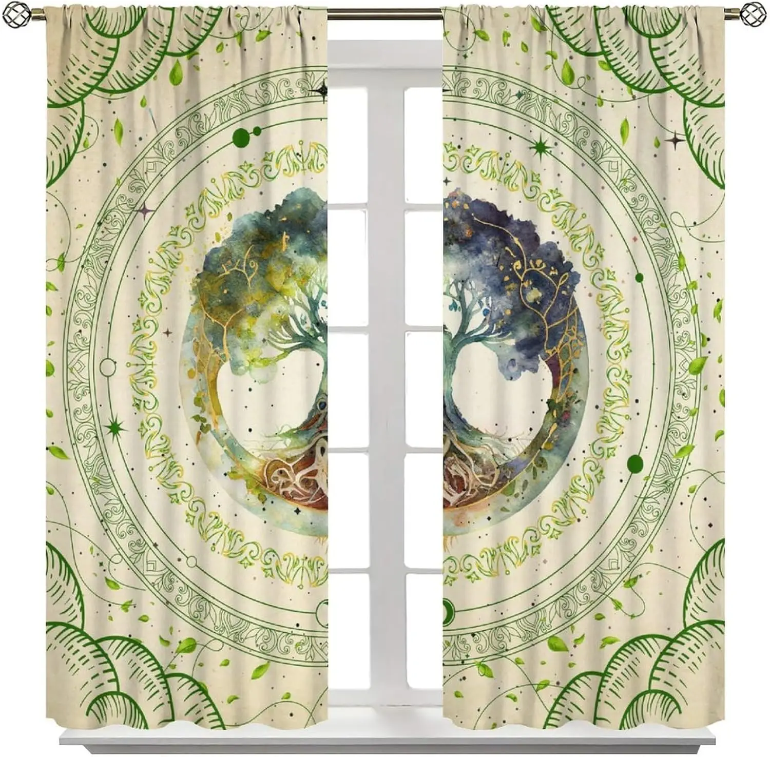 Norse Viking Tree of Life Curtains, Green Magic Tree Print Drapes Rod Pocket Drapes for Boys Kids Living Room Bedroom