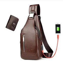 Bolso de pecho de cuero PU para hombre, bandolera deportiva informal con carga USB, antirrobo, nueva moda