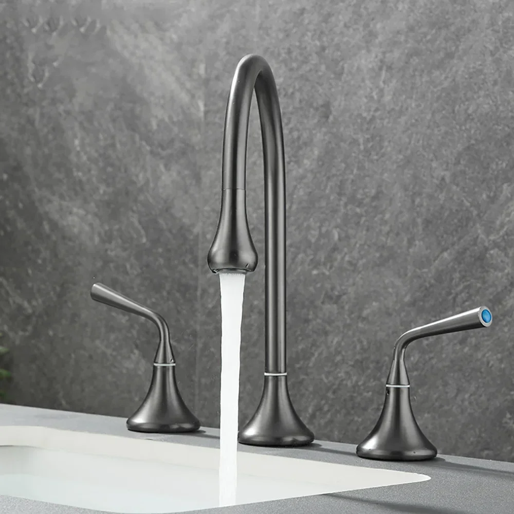 

Tianview Gun Grey Split Three-hole Brass Faucet Bathroom Bathroom Cabinet Double Handle Basin Hot and Cold Water Faucet
