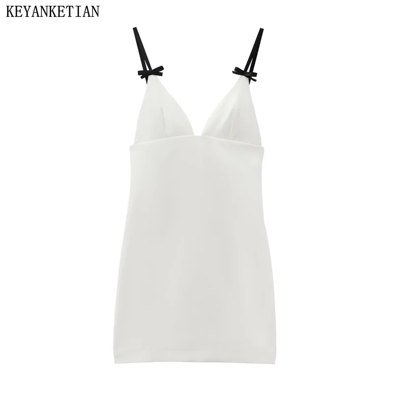 

KEYANKETIAN 2024 New Launch Sweet Bow Decoration Backless Sexy Slip Mini Dress Spicy Girl Women's Slim Back Zipper White Dresses