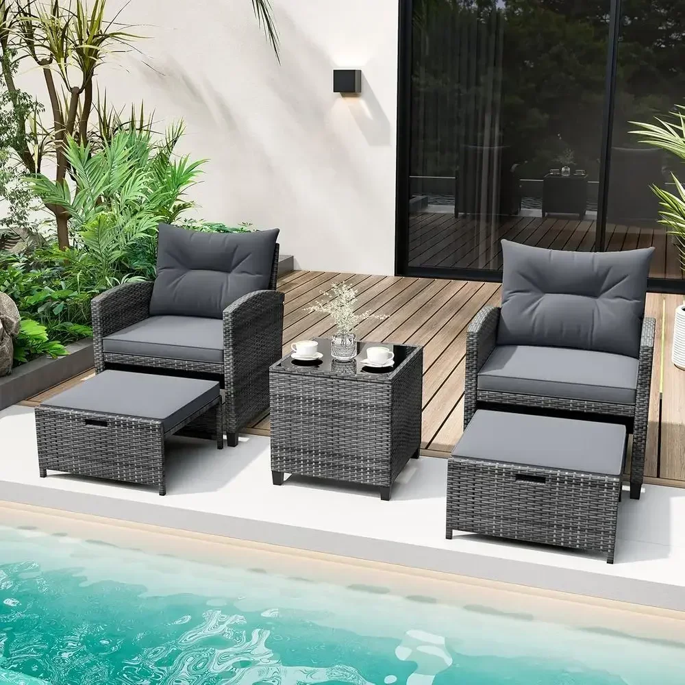 5-Piece Outdoor Wicker Furniture Set with Chairs, Ottomans, Stool, Cushions, and Glass Table (Mixed Grey)