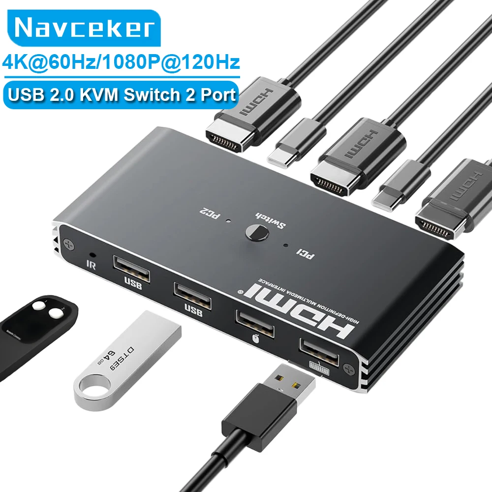 

Navceker KVM Switch 4K 60Hz HDMI-Compatible USB 2.0 Hub Docking Station Dock 2 Computer PC Share 4 USB Keyboard Mouse Printer