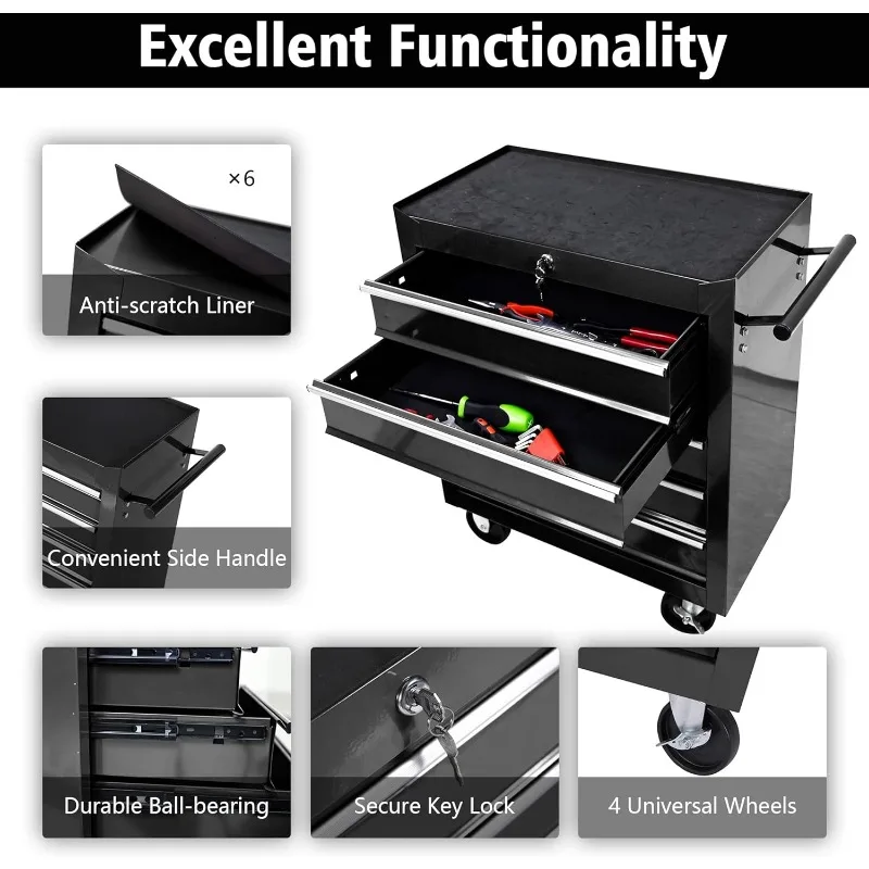 5-Drawer Rolling Tool Storage Cabinet with Detachable Tray, Multi-Functional Handles, Adjustable Shelves, Secure Locking System
