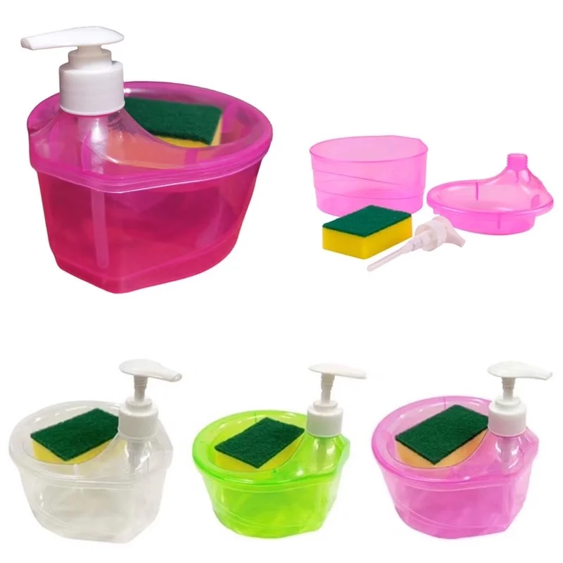 1000ml Soap Dispenser and Scrubber Holder Multi-functional Cafe Dishwashing Container Manual Sink Dish Washing Soap Dispenser