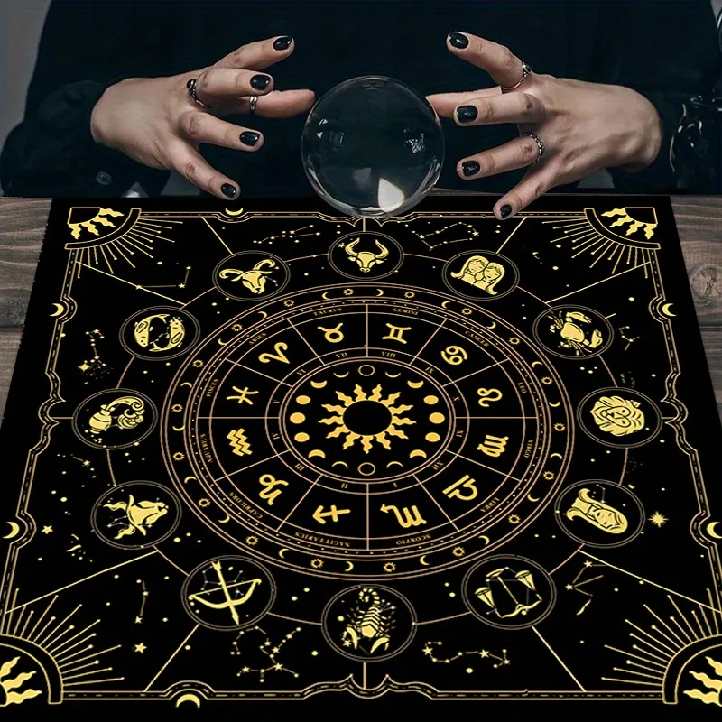 1 Gold Sun Moon Zodiac Tablecloth Single Sided 2D Print Durable Flannel Table Cover Home Divination Room Witchy Vibe Decor Gift