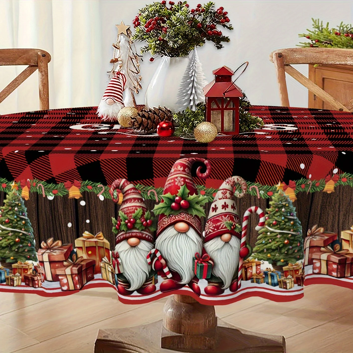 1pc Christmas Gnome Buffalo Plaid Round Tablecloth Rustic Wood Grain Xmas Tree Gift Party Table Cover for Holiday Dining Room