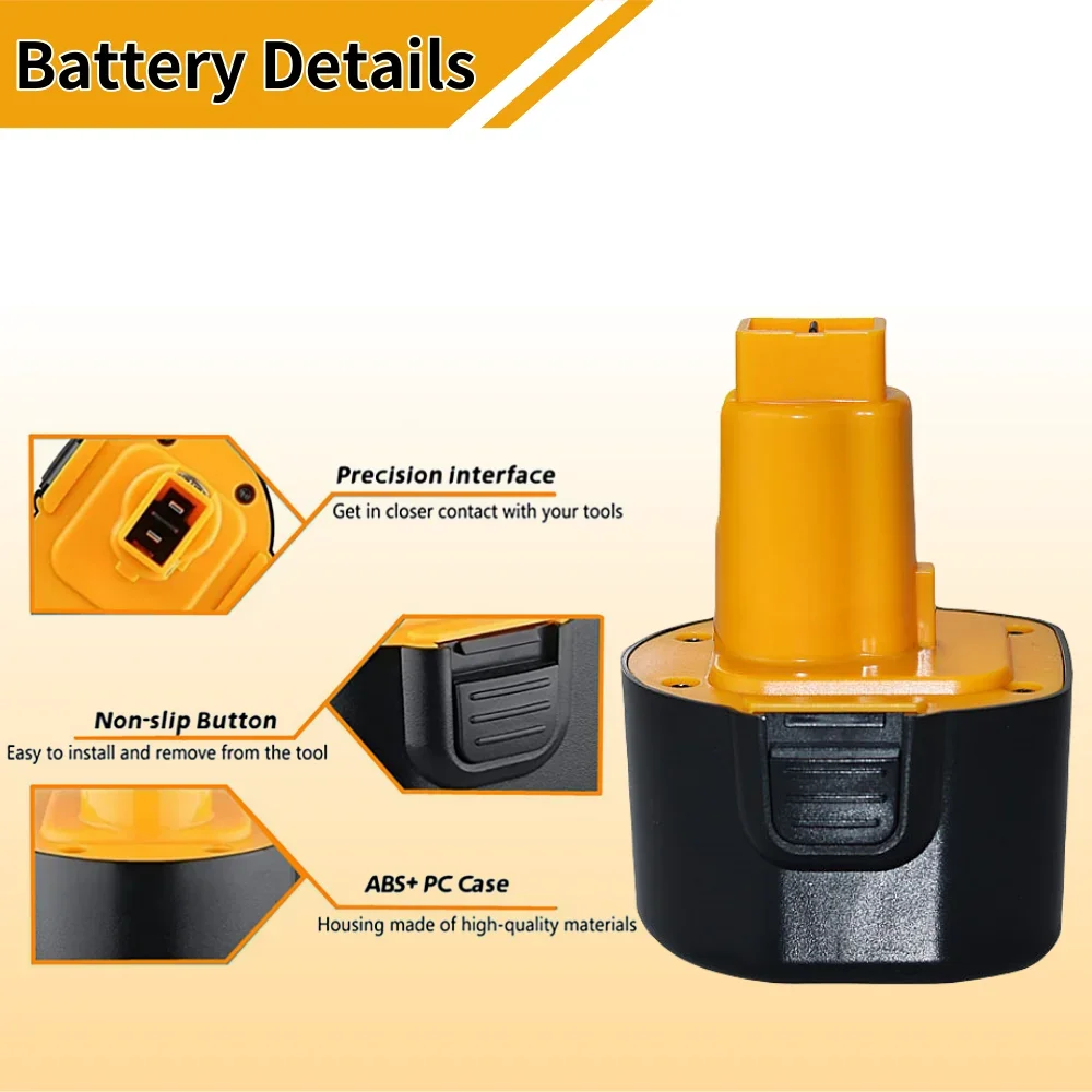 For Dewalt 9.6V Power Tool Battery 4800mAh Ni-MH Battery Replacement DE9061 DE9062 DW9061 DW9062 DE9036 DW911 DW921 DW9614