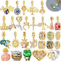 100% 925 Sterling Silver Gold Series DIY Pendant Beads Inlaid With Zircon Chameleon Pendant Suitable For DIY Bracelet Making