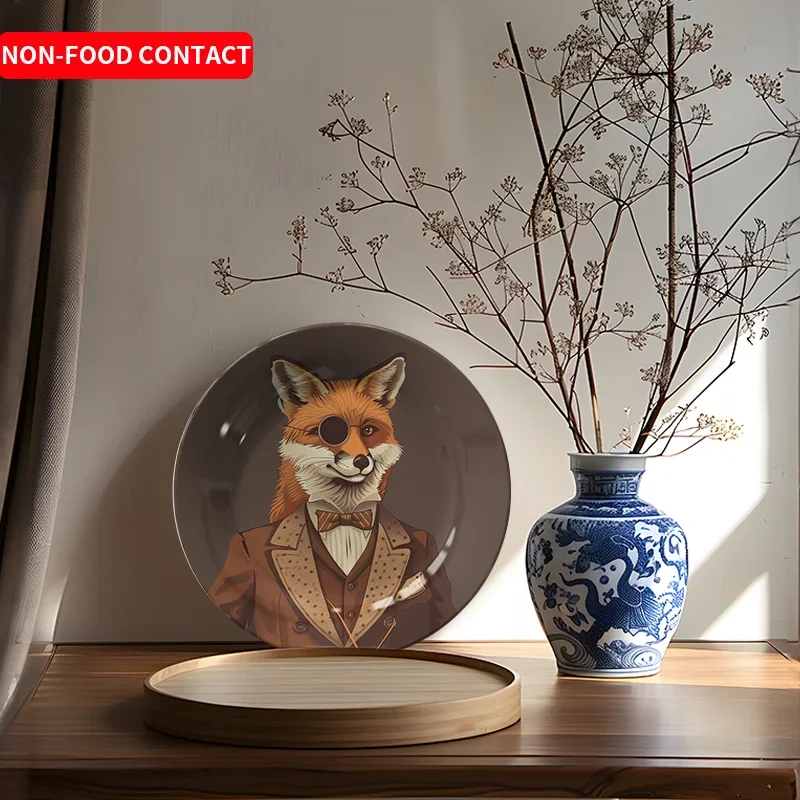1pc Cartoon Fox Gentleman Ceramic Decorative Plate - Whimsical Anthropomorphic Fox in Vintage Attire, Non-Food Contact Art Dish
