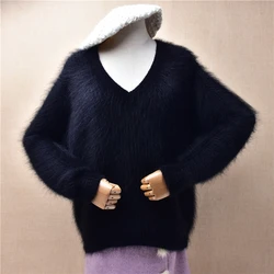 Women Mujer Autumn Winter Clothing Black Hairy Mink Cashmere Knitted V-Neck Long Sleeves Angora Fur Jumper Sweater Pull Tops