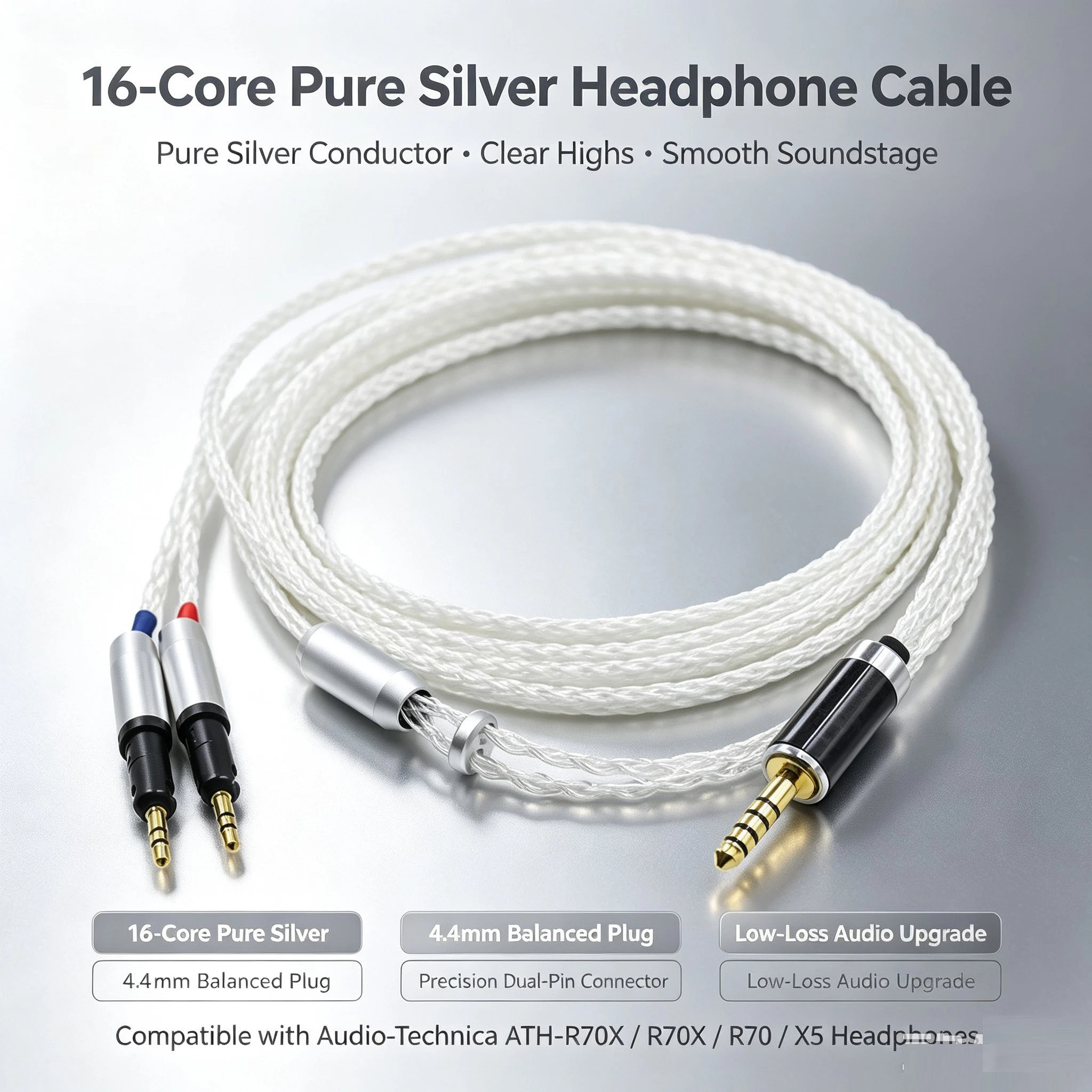 16Cores OCC Single Crystal Silver Headphone Upgrade Replace Cable for Technica ATH-R70X R70X R70 X5