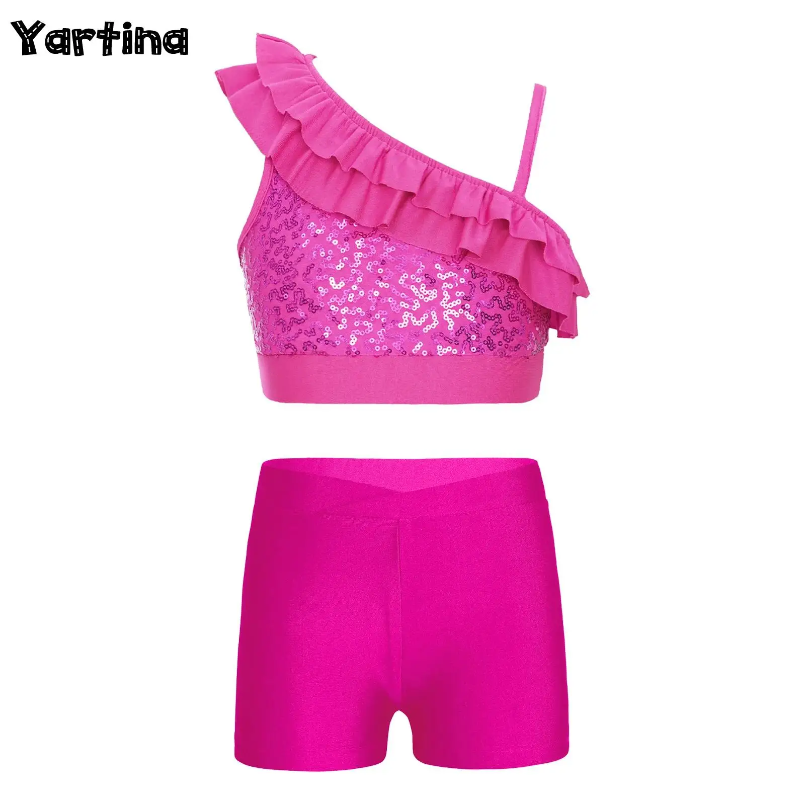 

Kids Girls Gymnastics Ballet Jazz Hip Hop Leotards Dance Costume Ruffle Shoulder Straps Sequin Crop Top with V-front Dance Wear