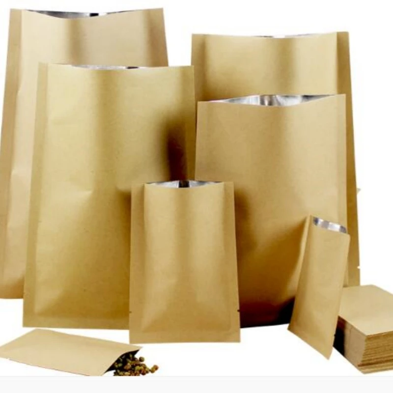 100pcs Flat Bottom Kraft Paper Open Top Bag Tea Powder Coffee Zip Lock Bag Paper Gift Wedding Bag Heat Sealing Vacuum Bag