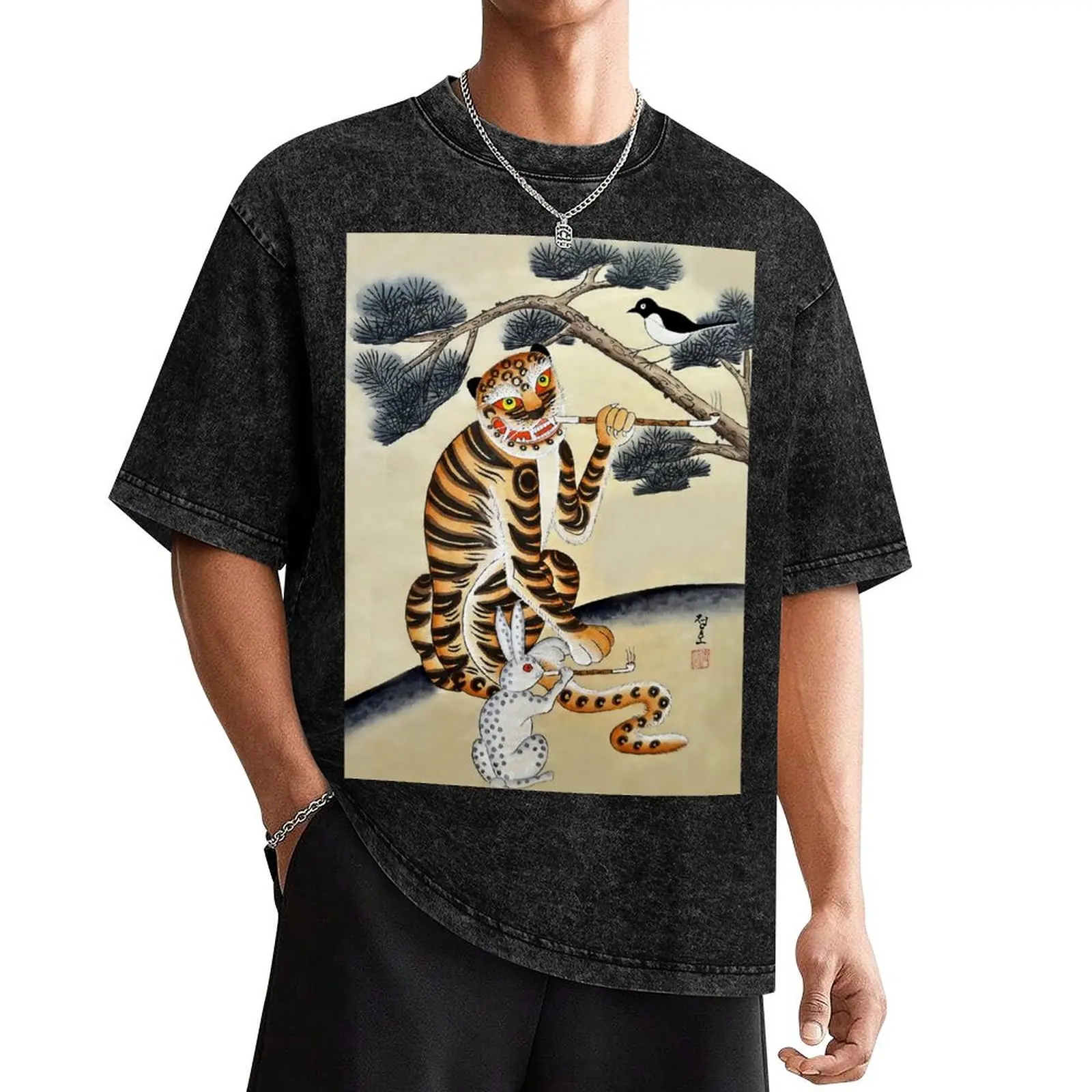 

Korean Minhwa Tiger with Pipe T-Shirt cute clothes summer top graphics plain white t shirts men