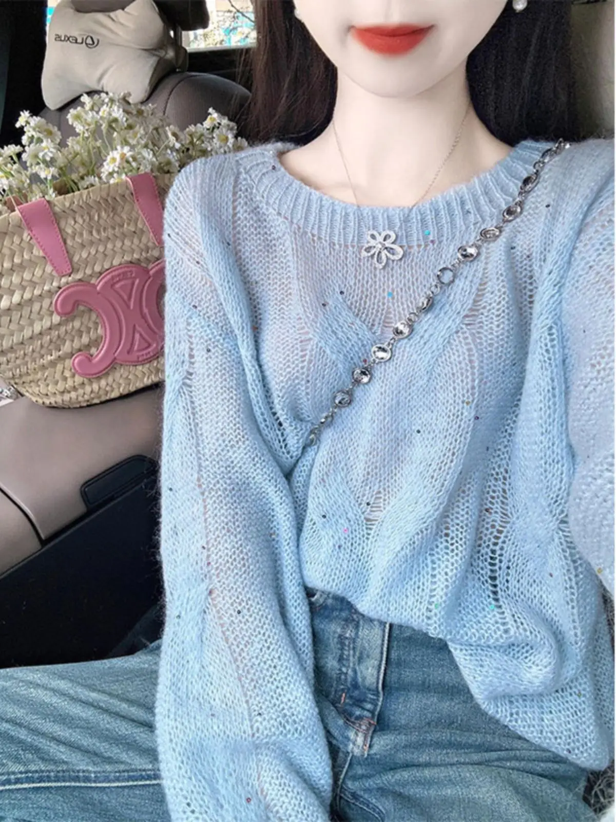 

Gagarich синий сверкающий полый мягкий липкий пуловер с длинными рукавами, женский весенний свободный вязаный свитер в ленивом стиле, топ