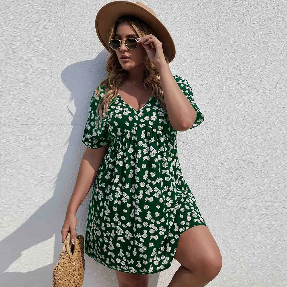 

2025 Summer Plus Size Women's Dress with Waist Cinching and Large Swing A-line Skirt, Vacation Style Printed Dress Casual Y2k