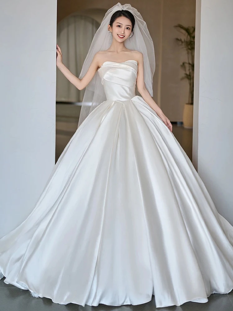 

Ele Vintage Satin Wedding Dr Long Train Bridesmaid Gown Floor-Length Neline Strapl Floral Embroidery Bridal Dr