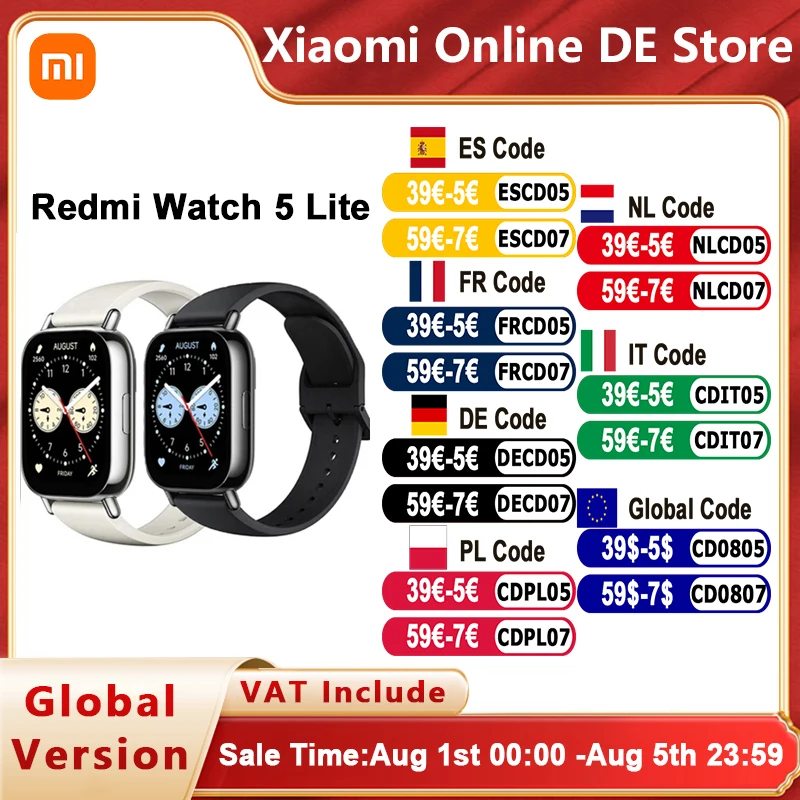 Xiaomi Global Version Redmi Watch 5 Lite Bluetooth Calling 1.96 ''AMOLED Screen 5ATM + resistenza all'acqua 18 giorni batteria GNSS