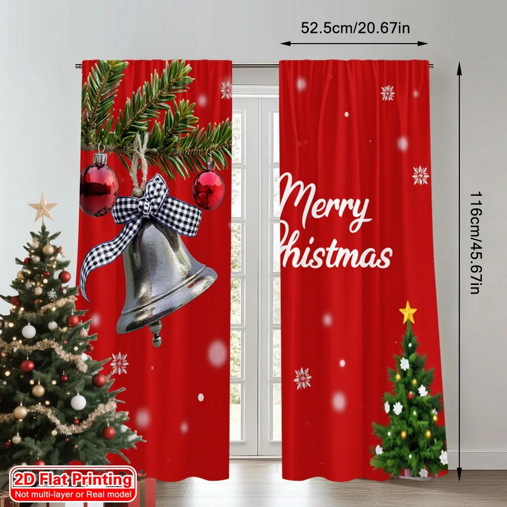 2pcs 2D flat printing Christmas Party Curtain Merry Christmas Bell Ornament Fabric Without Electricity Festive Holiday Perfect