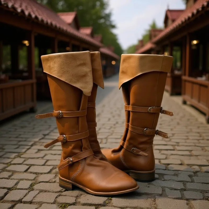 

Men's Medieval Renaissance Knee High Boots Brown PU Leather Buckle Strap Flat Heel Cosplay Retro Western Boots for Men 2026