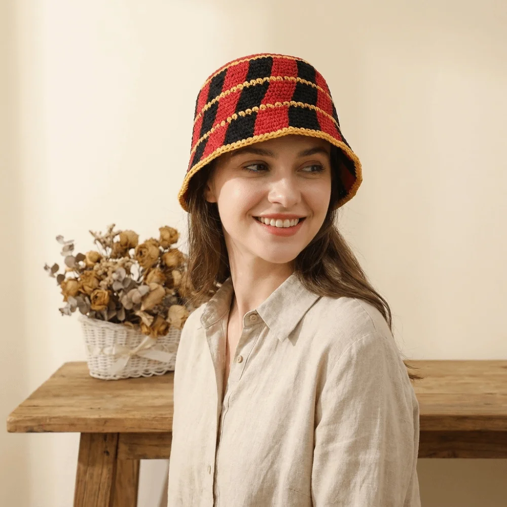 Casual Crochet Striped Bucket Hat Thermal Wool Cold Cap Y2K Korean Style Panama Hat Beach