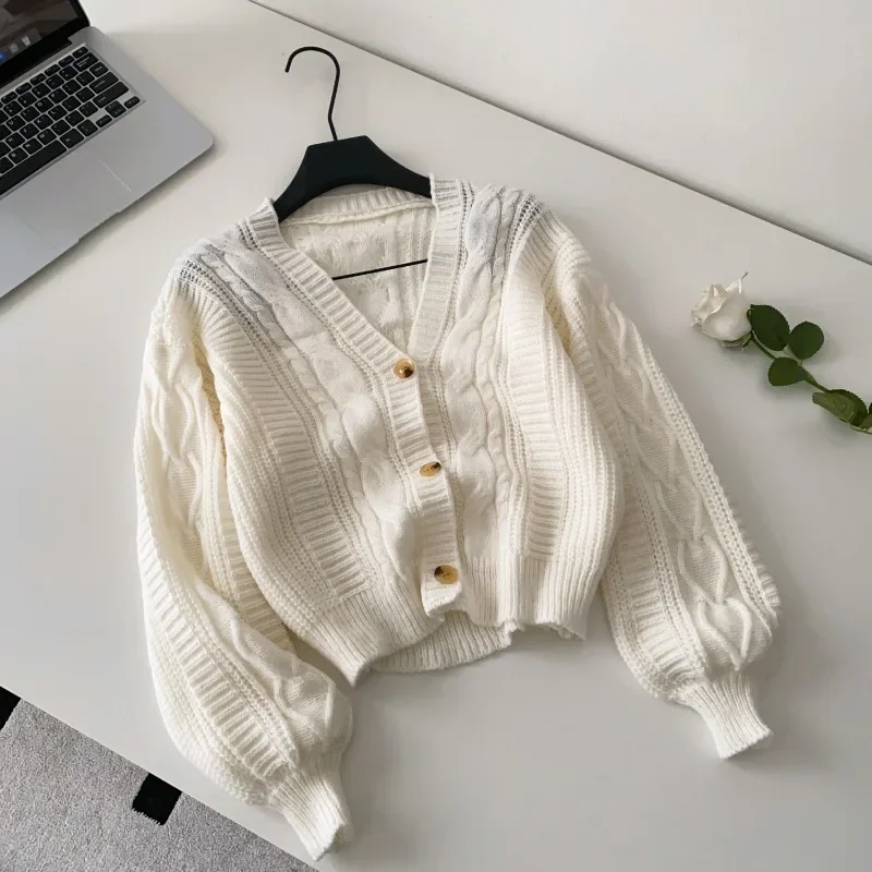 

Short Cardigans Autumn Winter V Neck Solid Korean Fashion Woman Sweaters Sweet Loose Hollow Out Sueter Mujer