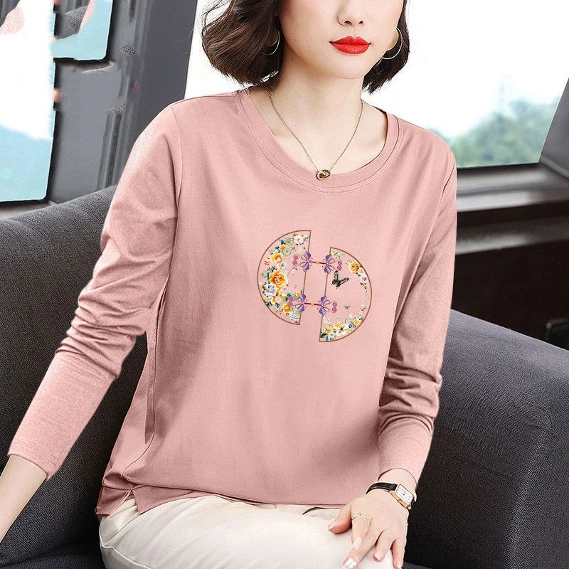 

Простота, весна-осень, женские свободные пуловеры из чистого хлопка с круглым вырезом и принтом, модные повседневные универсальные свободные пуловеры с длинными рукавами, футболки, топы